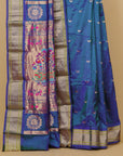 Short peacock blue paithani silk saree