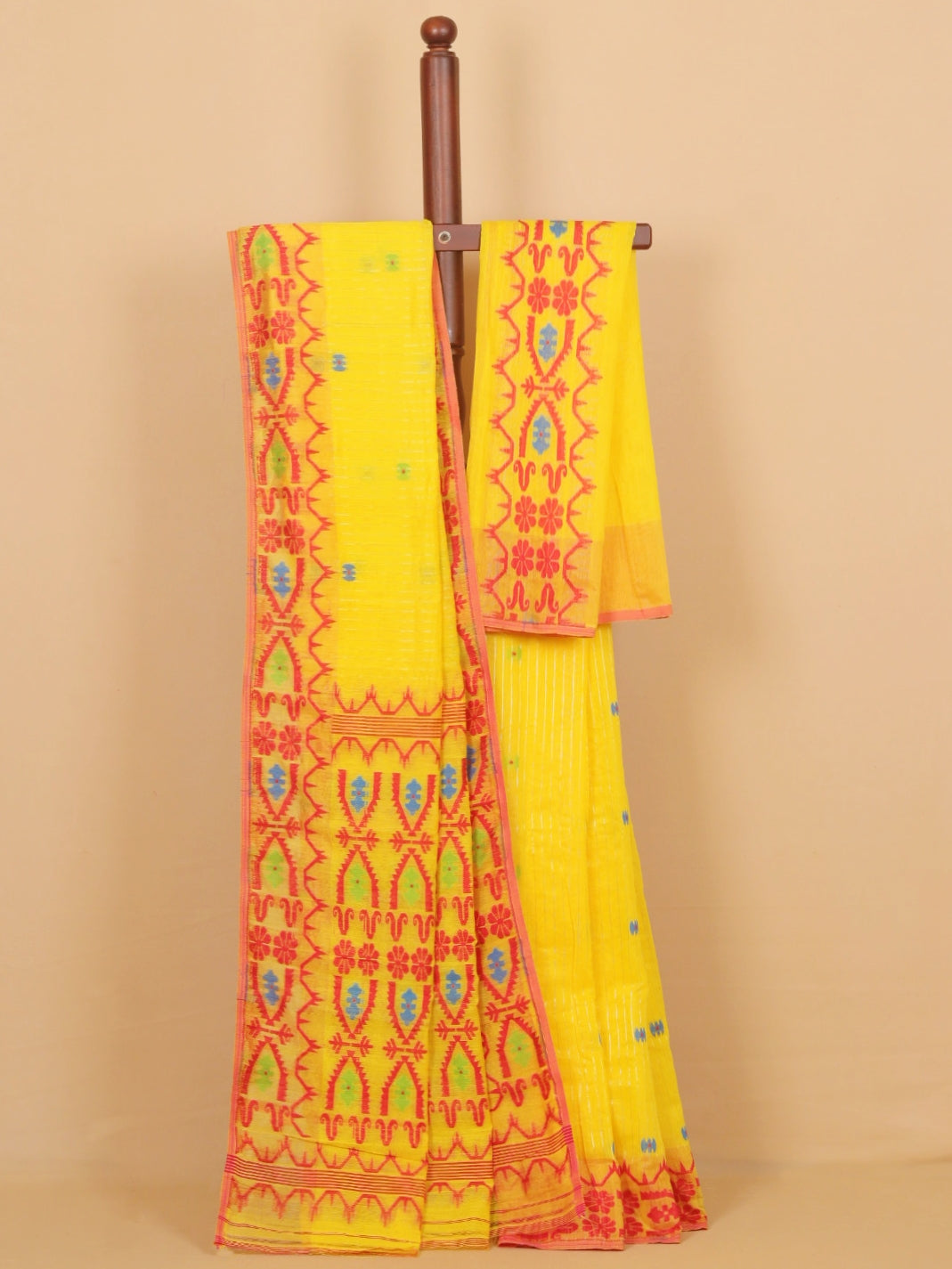 Lemon Yellow Jamdani Cotton Saree
