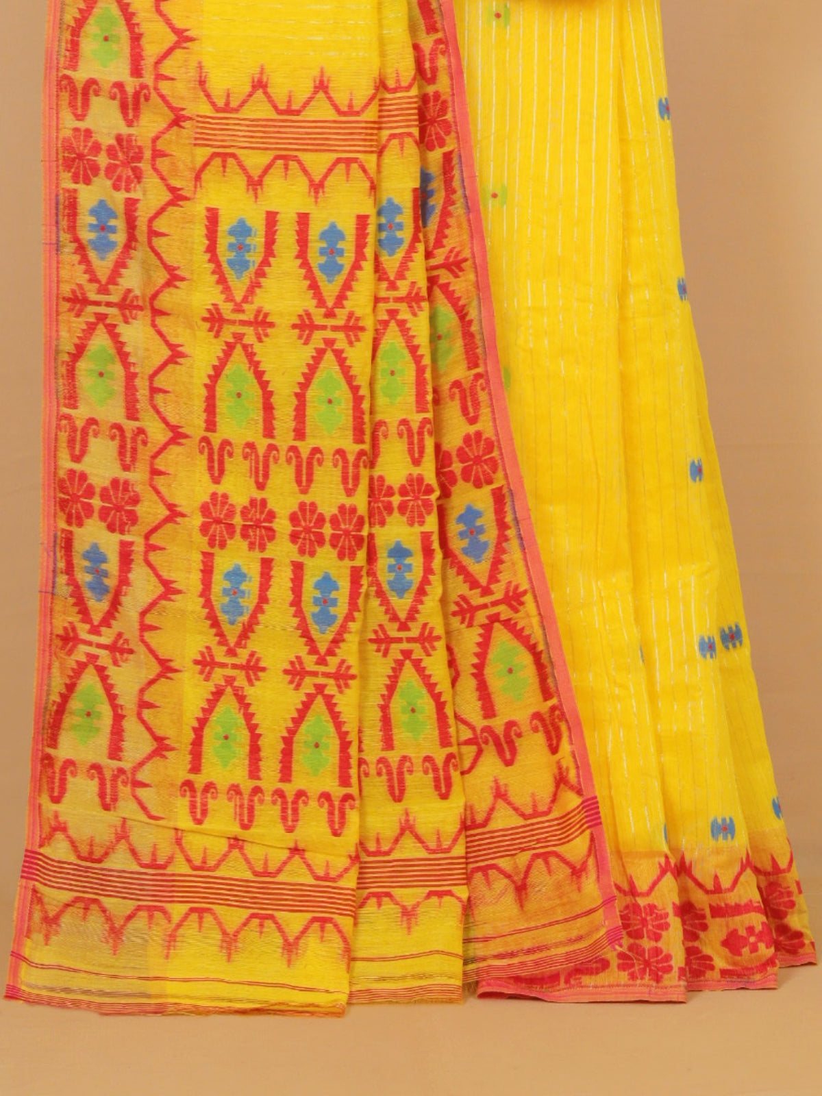 Lemon Yellow Jamdani Cotton Saree