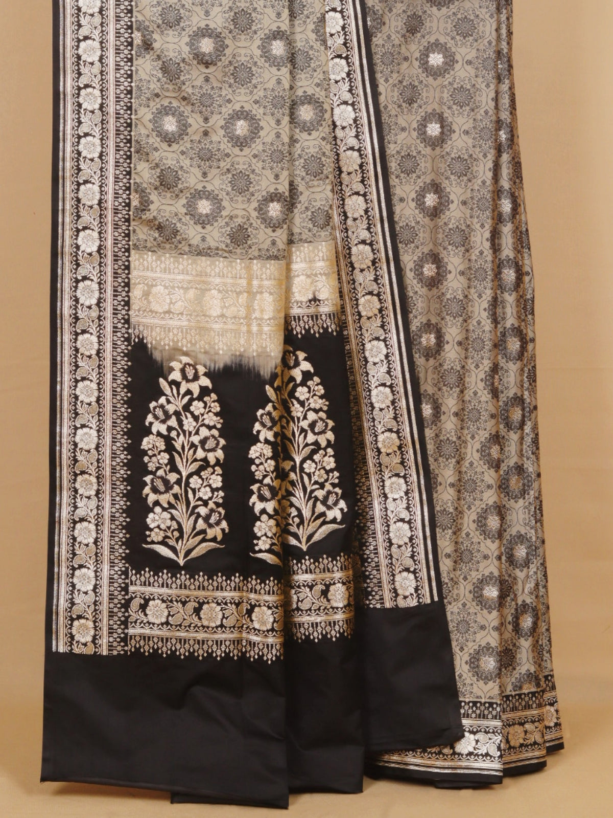Black and Beige Patterned Resham Soft Banarasi Saree