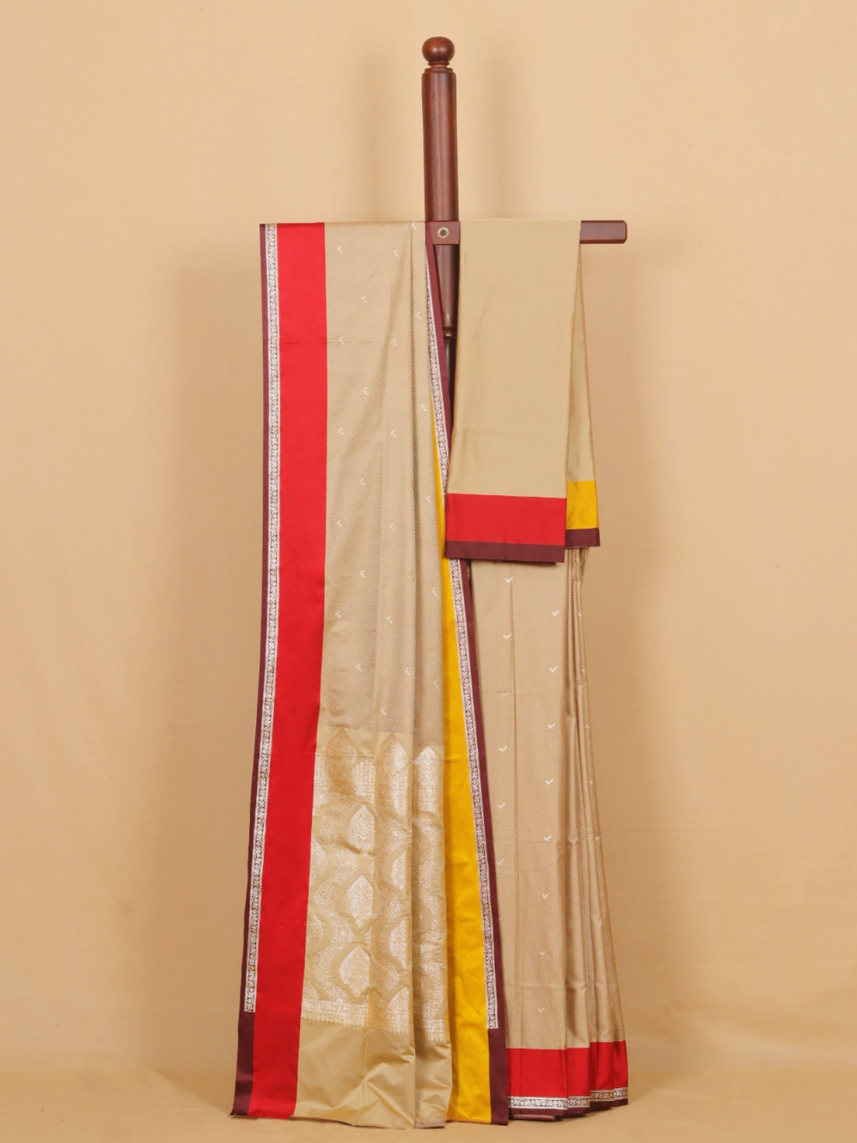 Beige with Red Banarasi Mashru Silk Saree