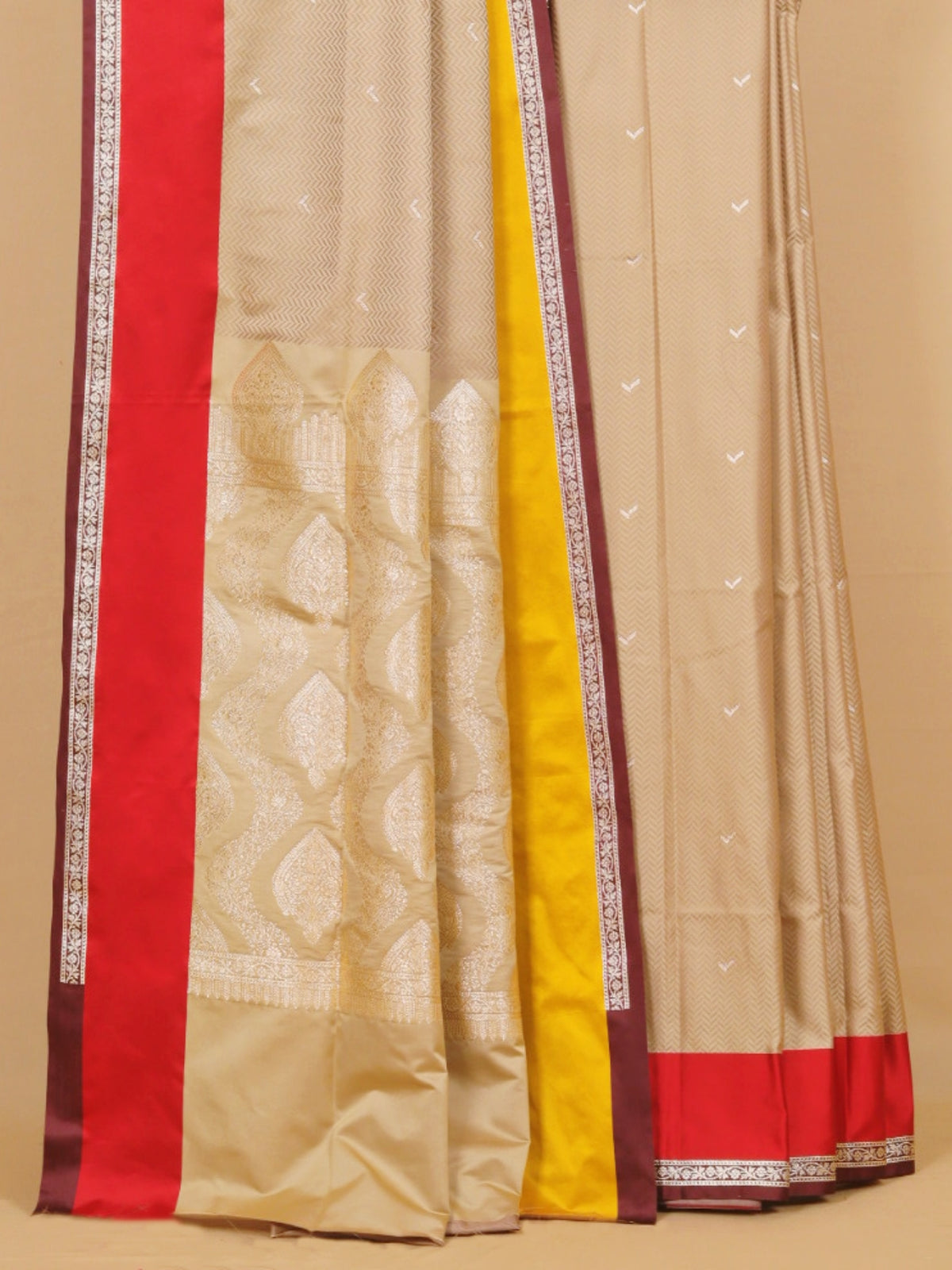 Beige with Red Banarasi Mashru Silk Saree
