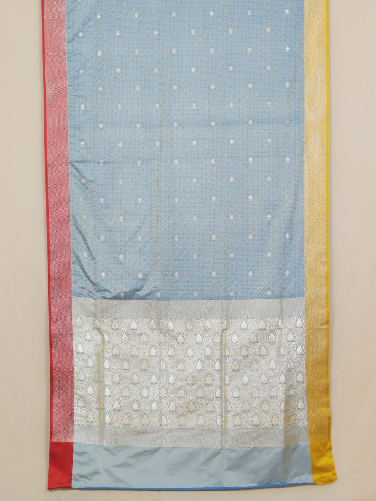 Light Blue Polka Dot Saree with Yellow and Red Woven Border Banarasi Mashru Silk Saree