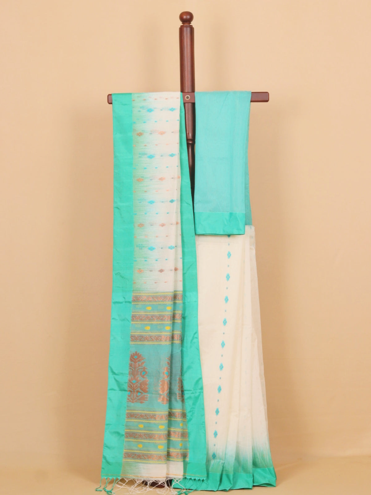 Cream by pista green cotton dhakai saree