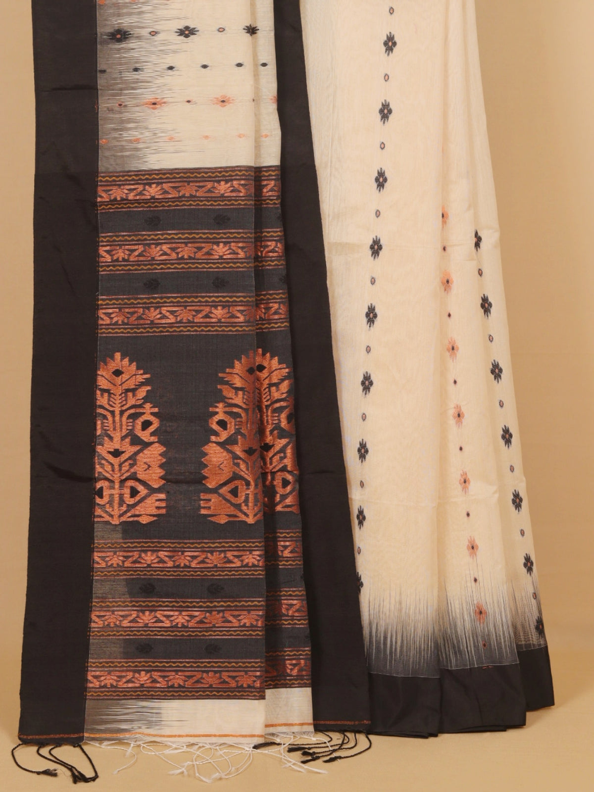 Cream by black cotton dhakai saree