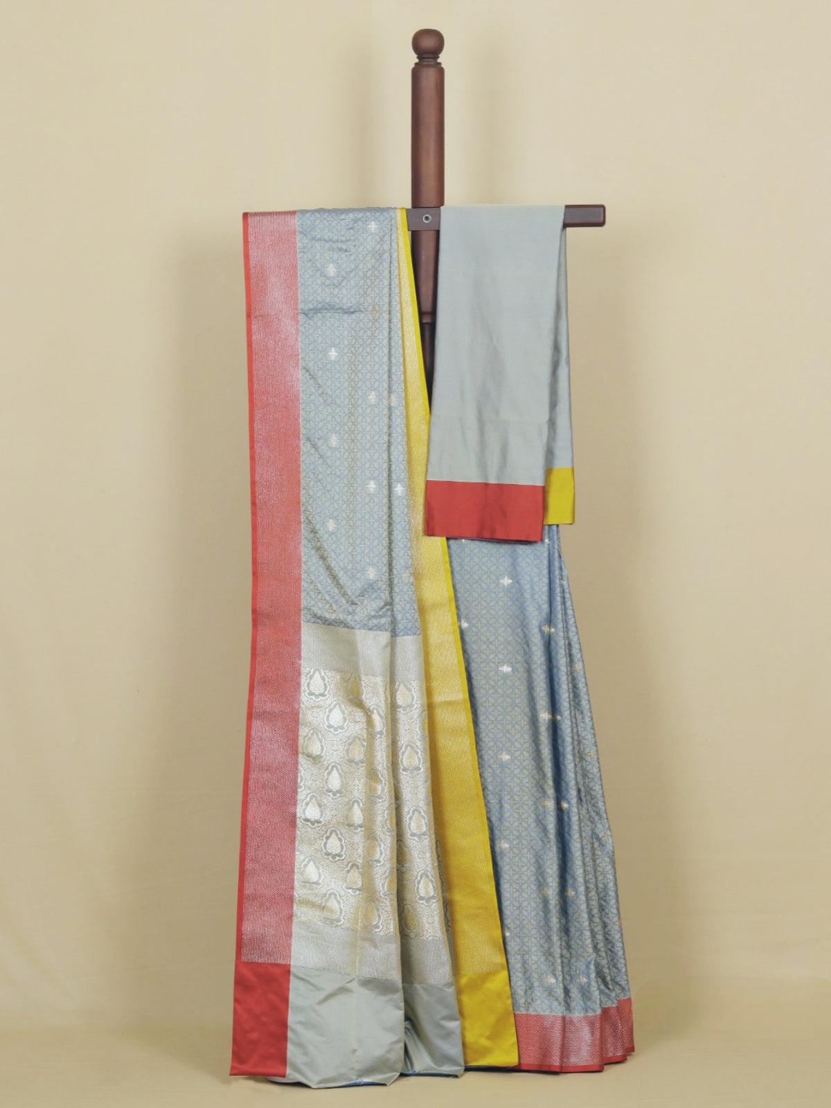 Light Blue Polka Dot Saree with Yellow and Red Woven Border Banarasi Mashru Silk Saree