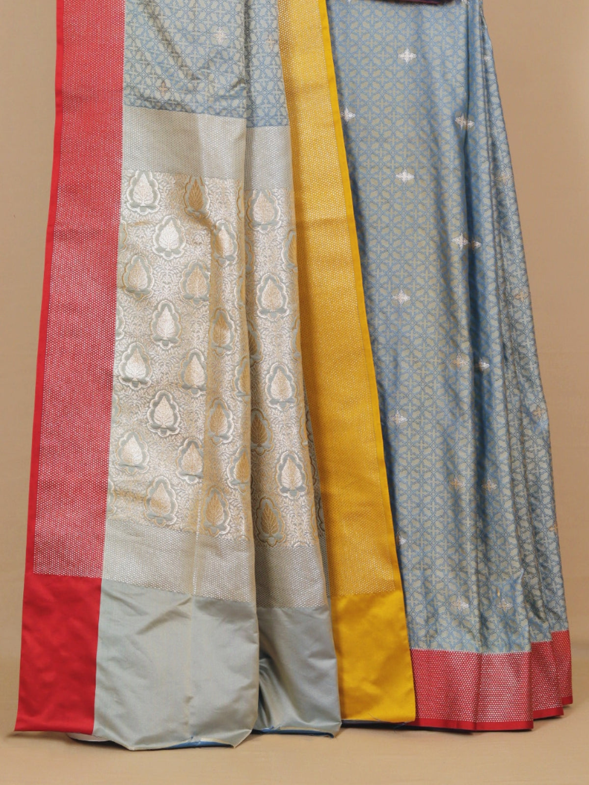 Light Blue Polka Dot Saree with Yellow and Red Woven Border Banarasi Mashru Silk Saree