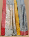 Light Blue Polka Dot Saree with Yellow and Red Woven Border Banarasi Mashru Silk Saree
