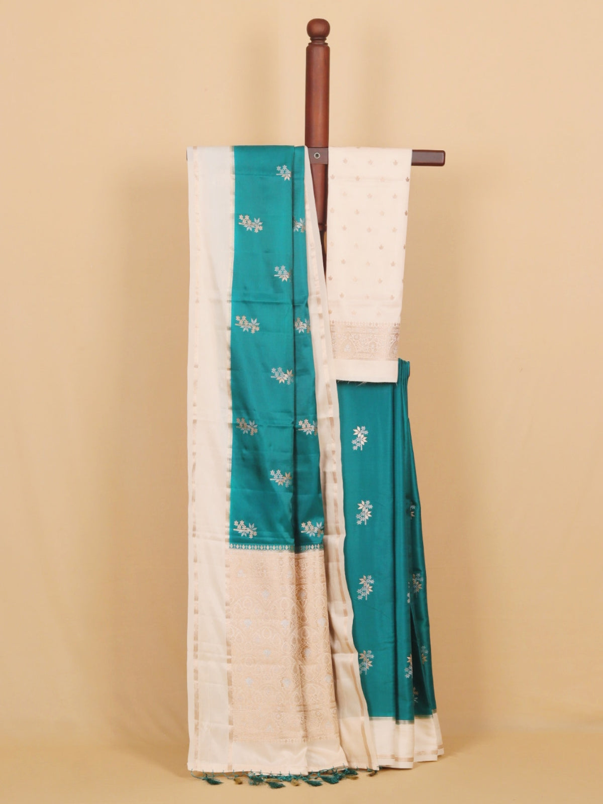 Emerald Green with Beige Blended Silk Saree