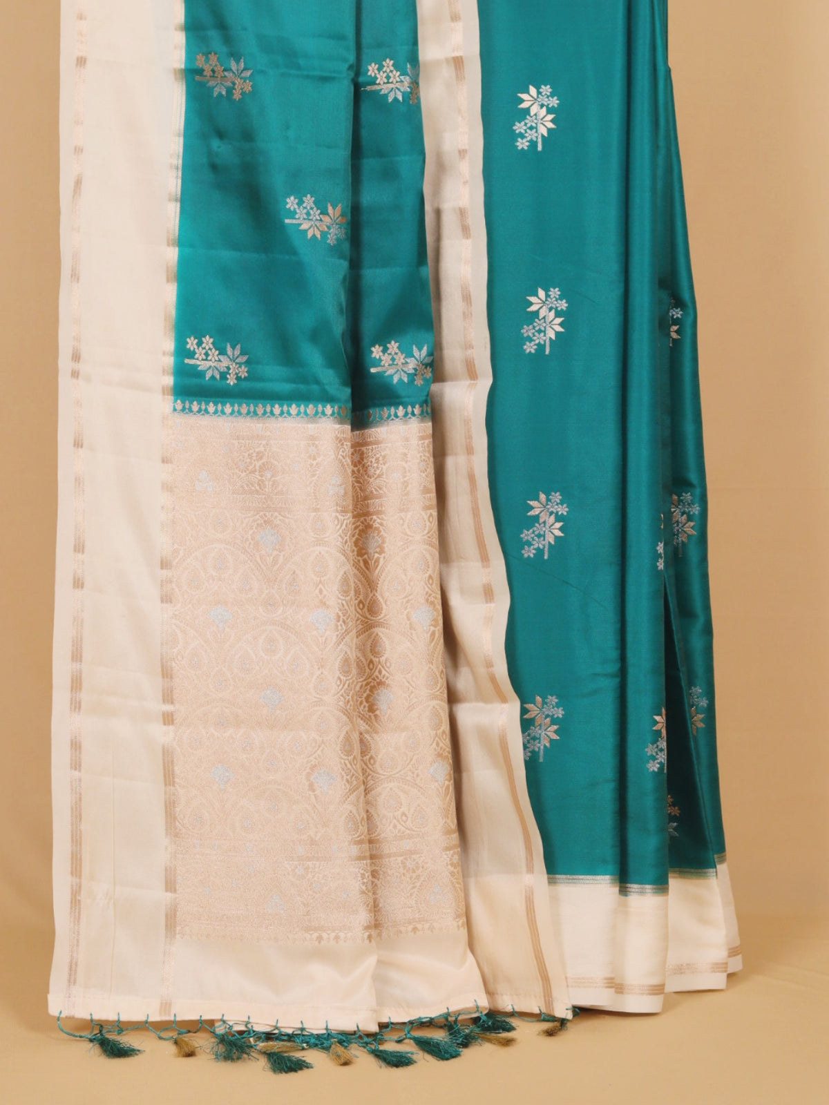 Emerald Green with Beige Blended Silk Saree
