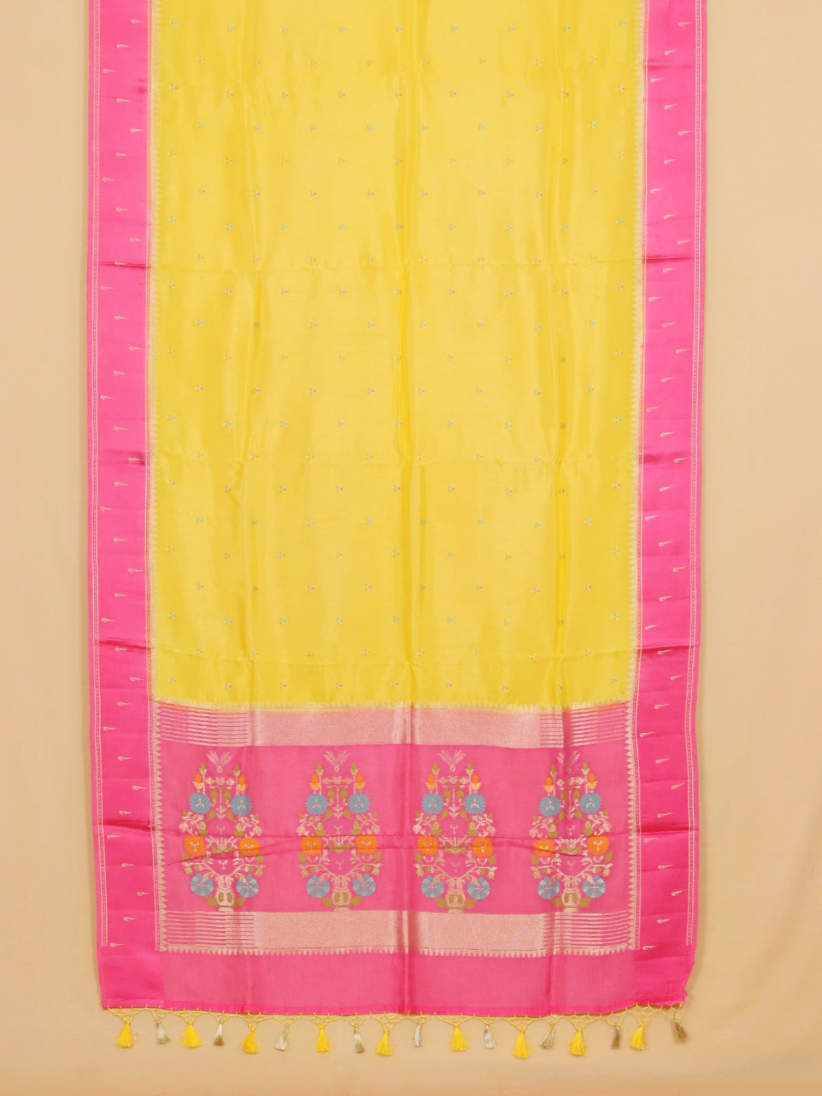 Lemon Yellow with Pink Satin Border Soft Organza Silk Saree