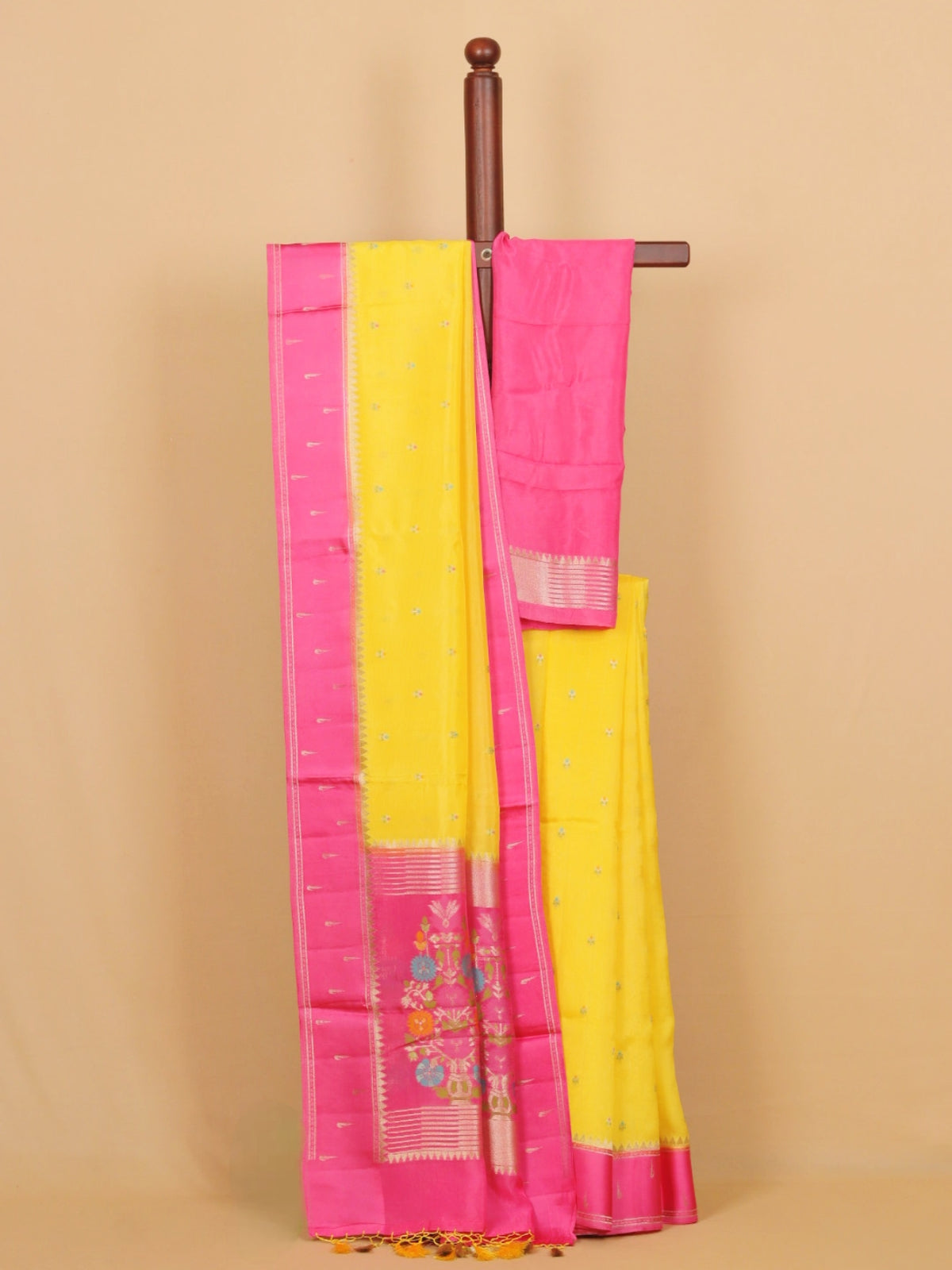 Lemon Yellow with Pink Satin Border Soft Organza Silk Saree