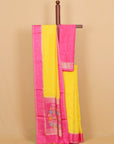 Lemon Yellow with Pink Satin Border Soft Organza Silk Saree
