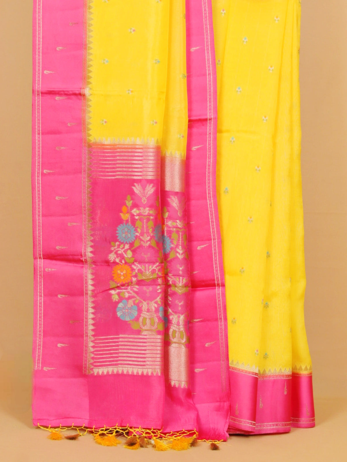 Lemon Yellow with Pink Satin Border Soft Organza Silk Saree