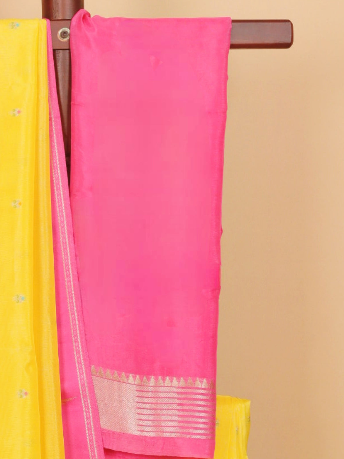 Lemon Yellow with Pink Satin Border Soft Organza Silk Saree