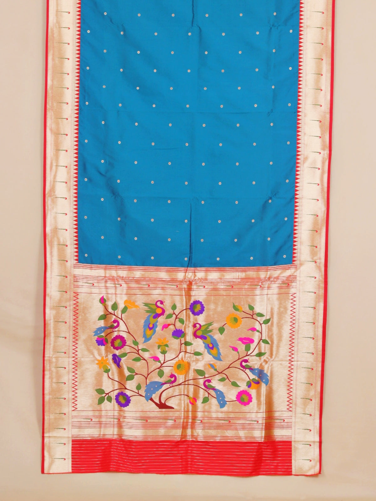 Teal Blue with Red Munia Border Paithani Blended Silk Saree