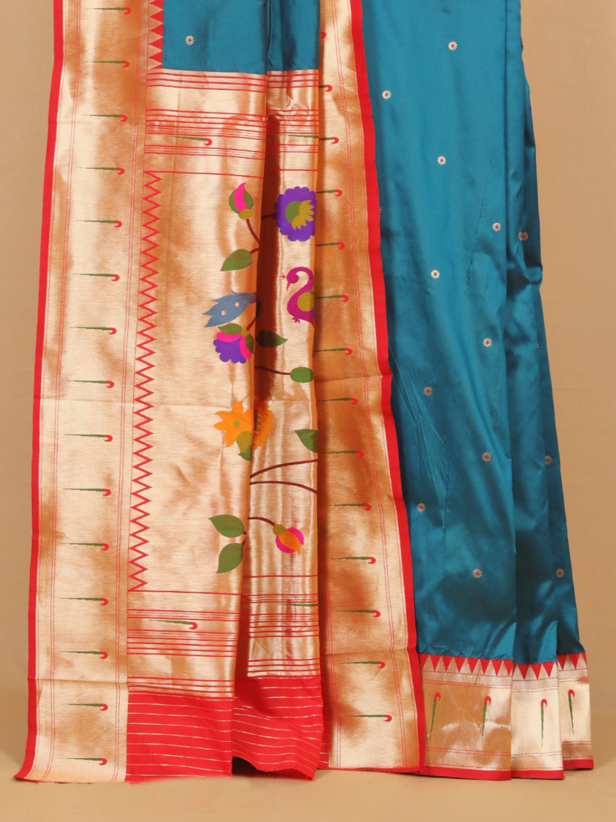 Teal Blue with Red Munia Border Paithani Blended Silk Saree