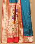 Teal Blue with Red Munia Border Paithani Blended Silk Saree
