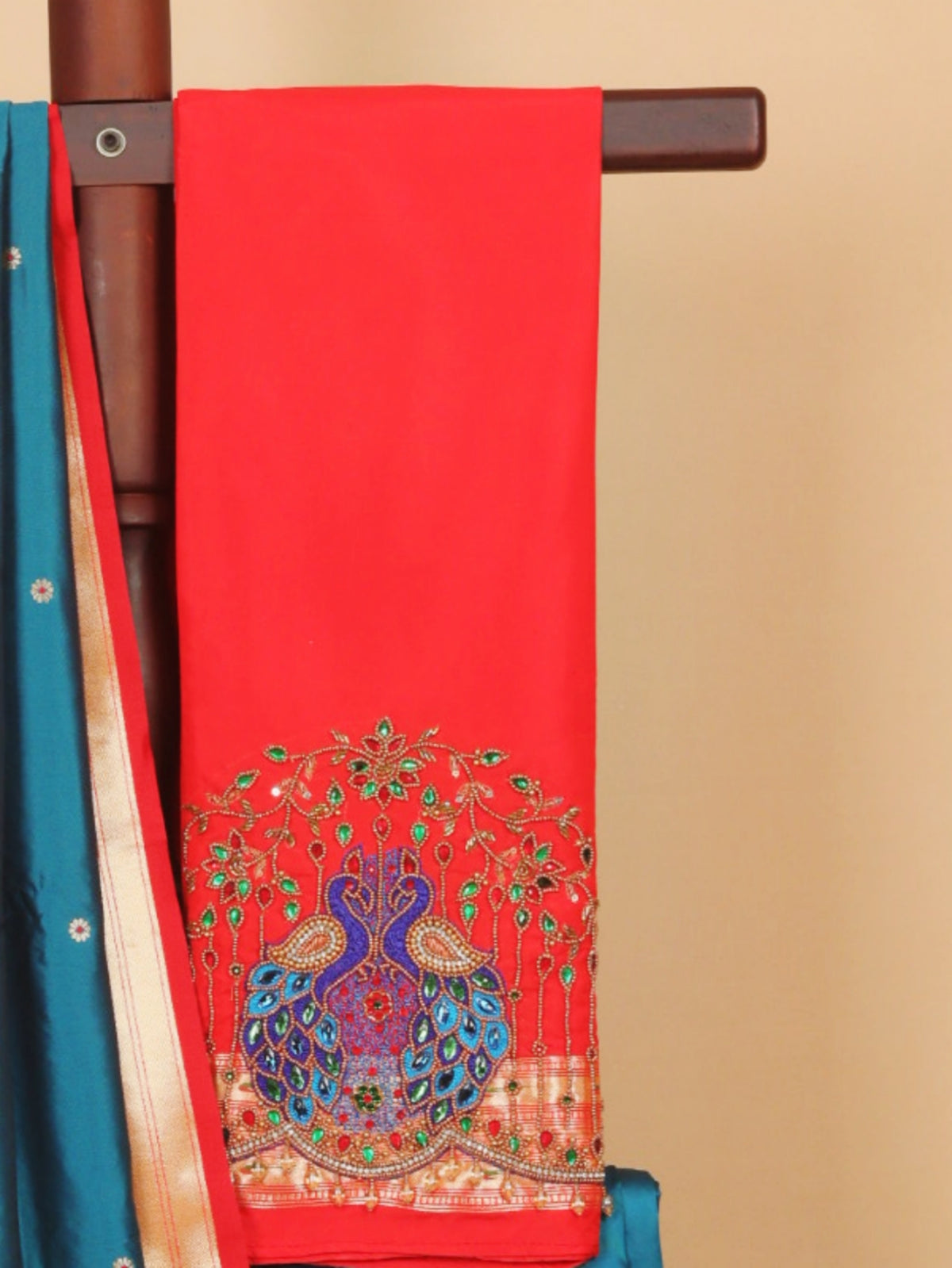 Teal Blue with Red Munia Border Paithani Blended Silk Saree
