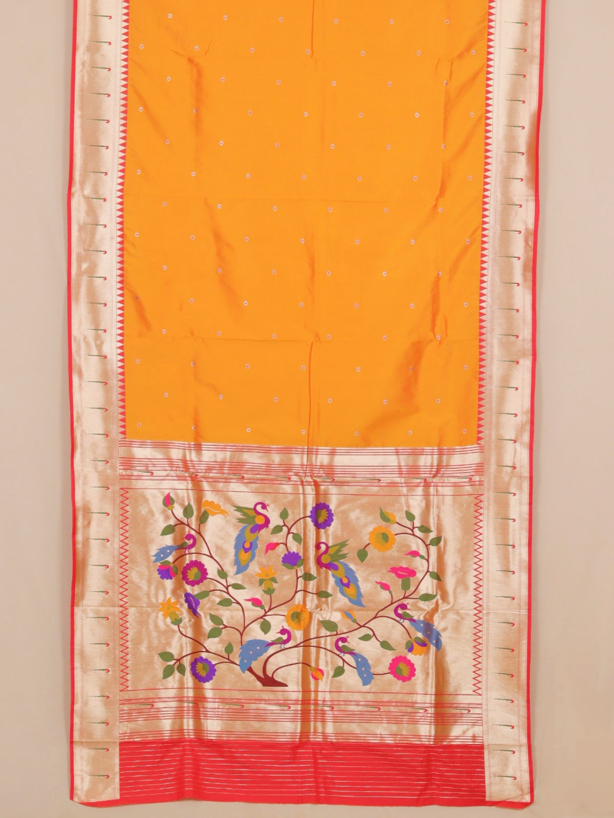 Mango yellow by red munia border paithani saree