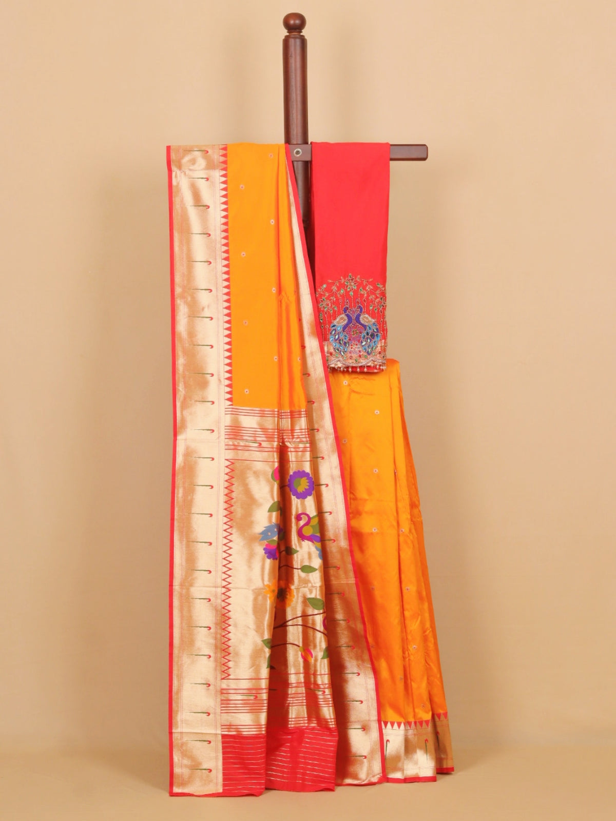 Mango yellow by red munia border paithani saree