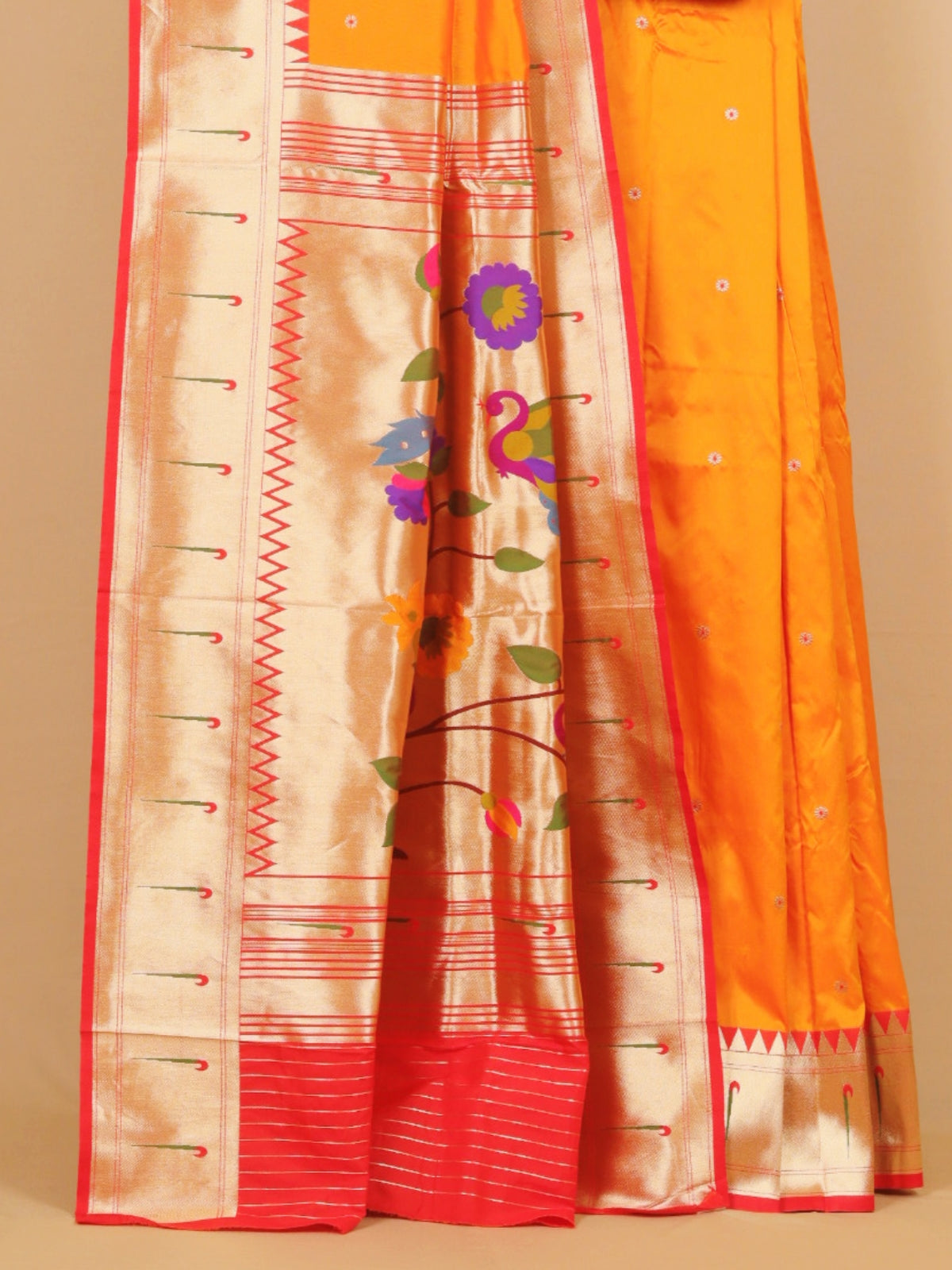 Mango yellow by red munia border paithani saree