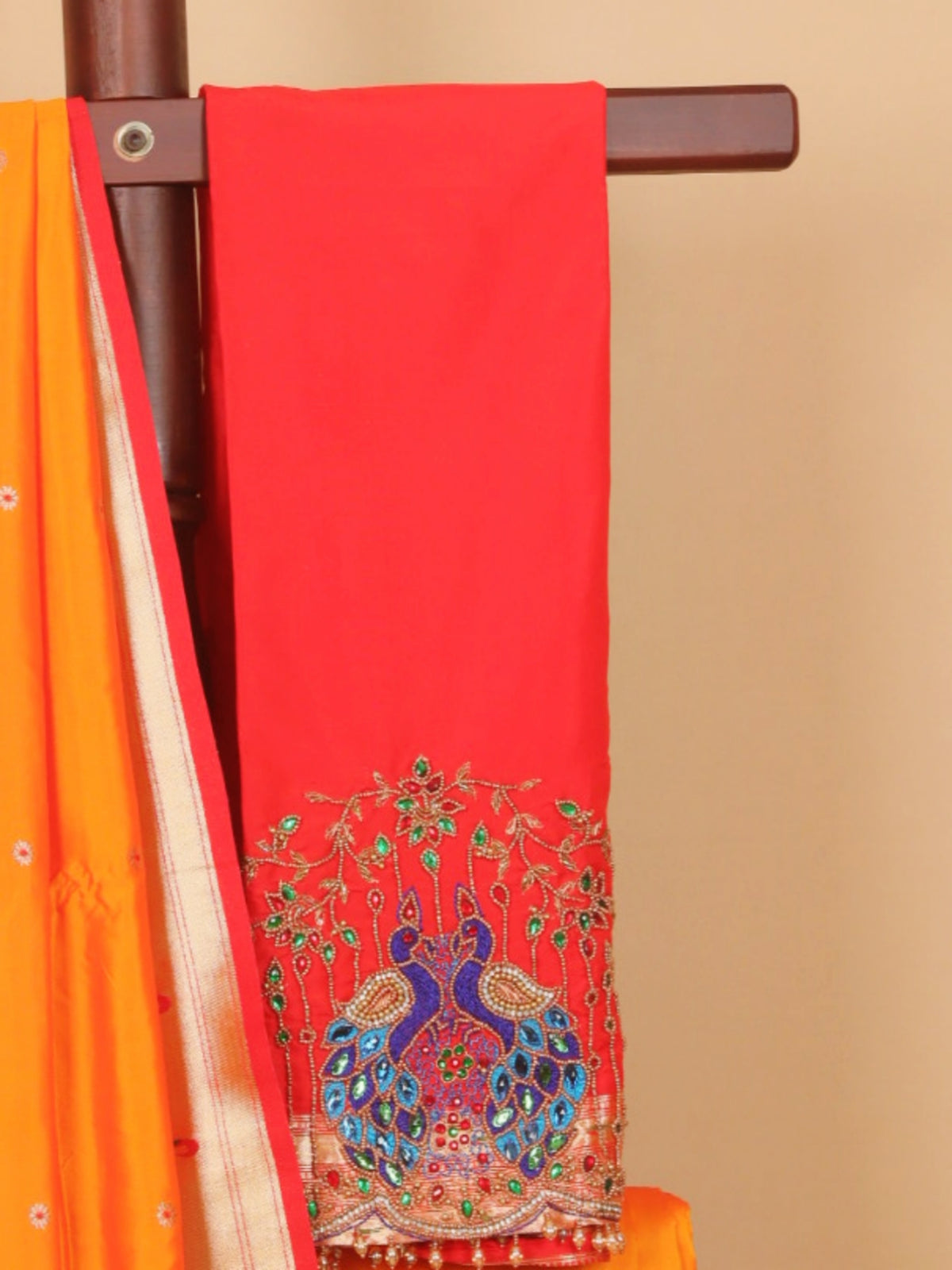 Mango yellow by red munia border paithani saree