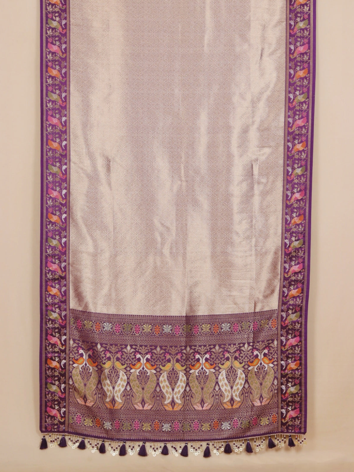 Purple and Beige Woven Peacock Border in Soft Zari Brocade Saree