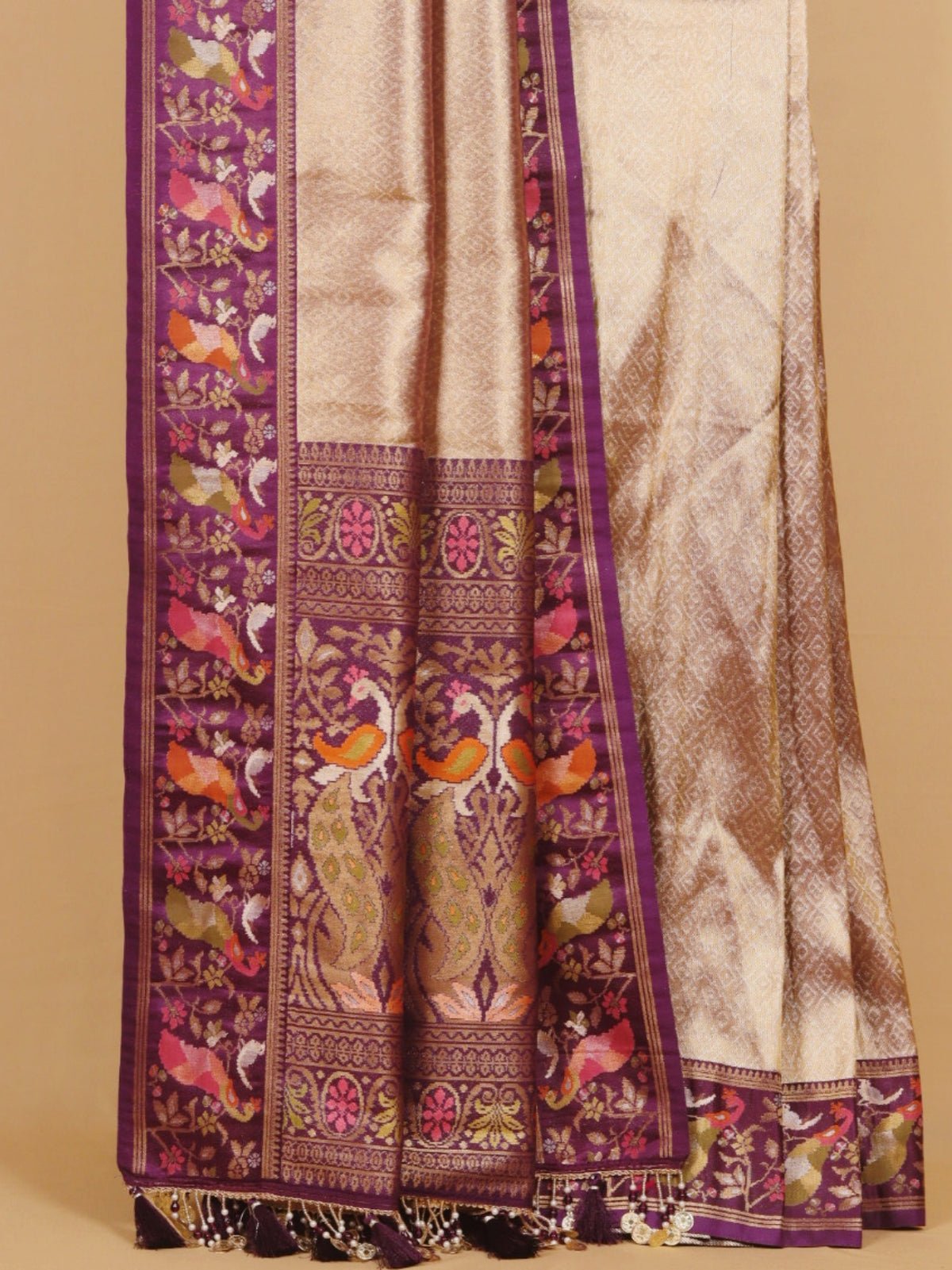Purple and Beige Woven Peacock Border in Soft Zari Brocade Saree
