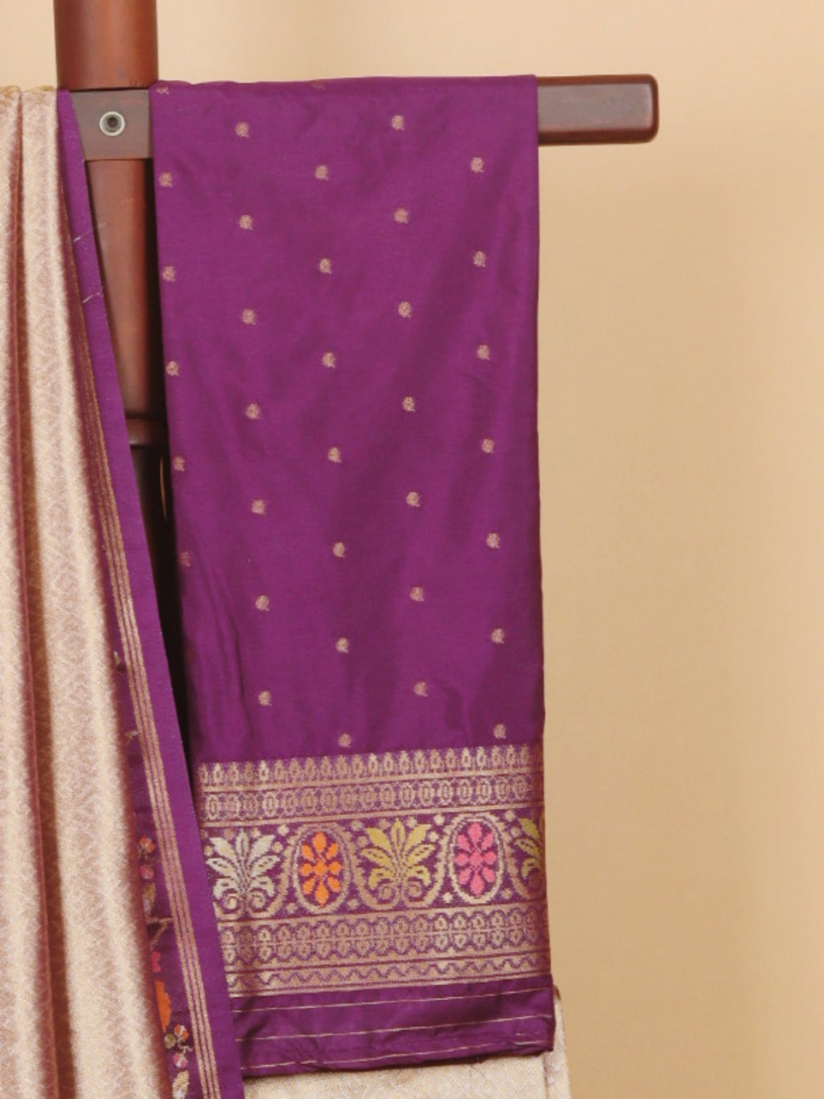 Purple and Beige Woven Peacock Border in Soft Zari Brocade Saree