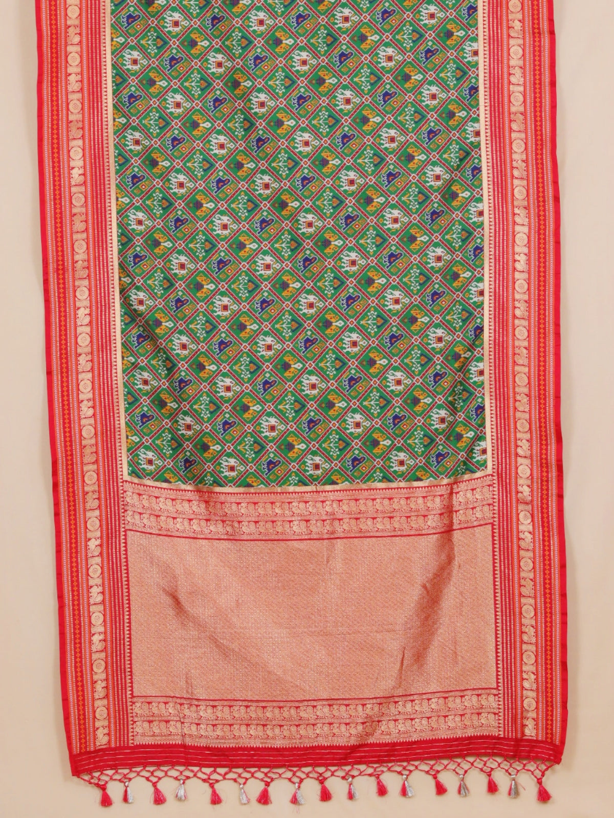 Green by red ikat blended silk patola saree