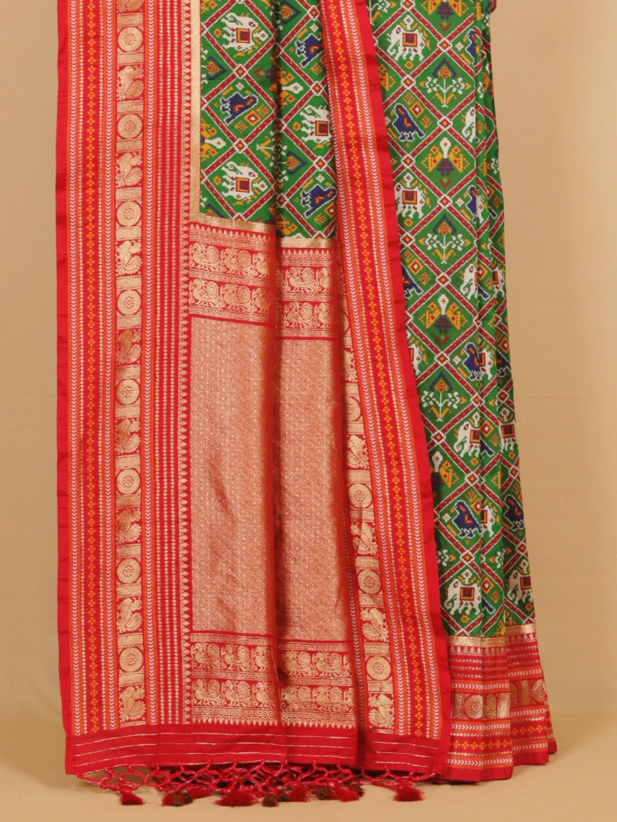 Green by red ikat blended silk patola saree