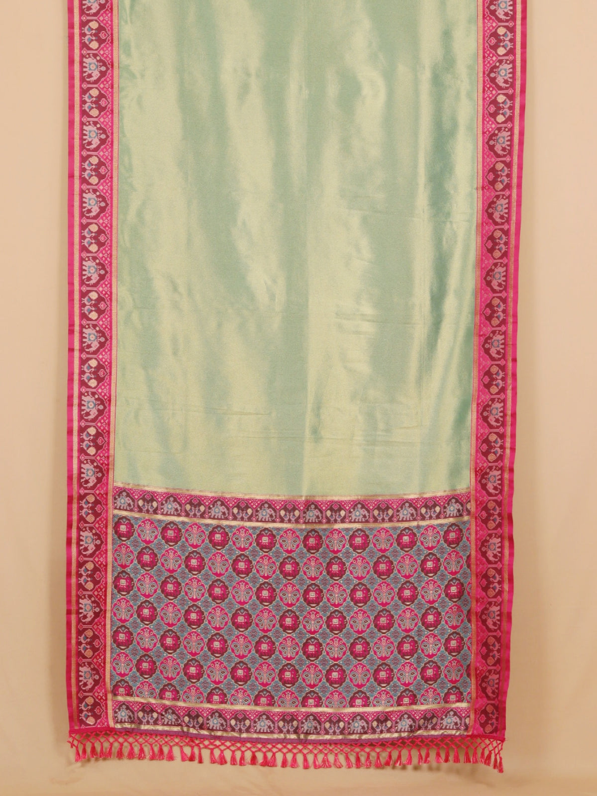 Mint Green with Magenta Patola Border Tissue Silk Saree