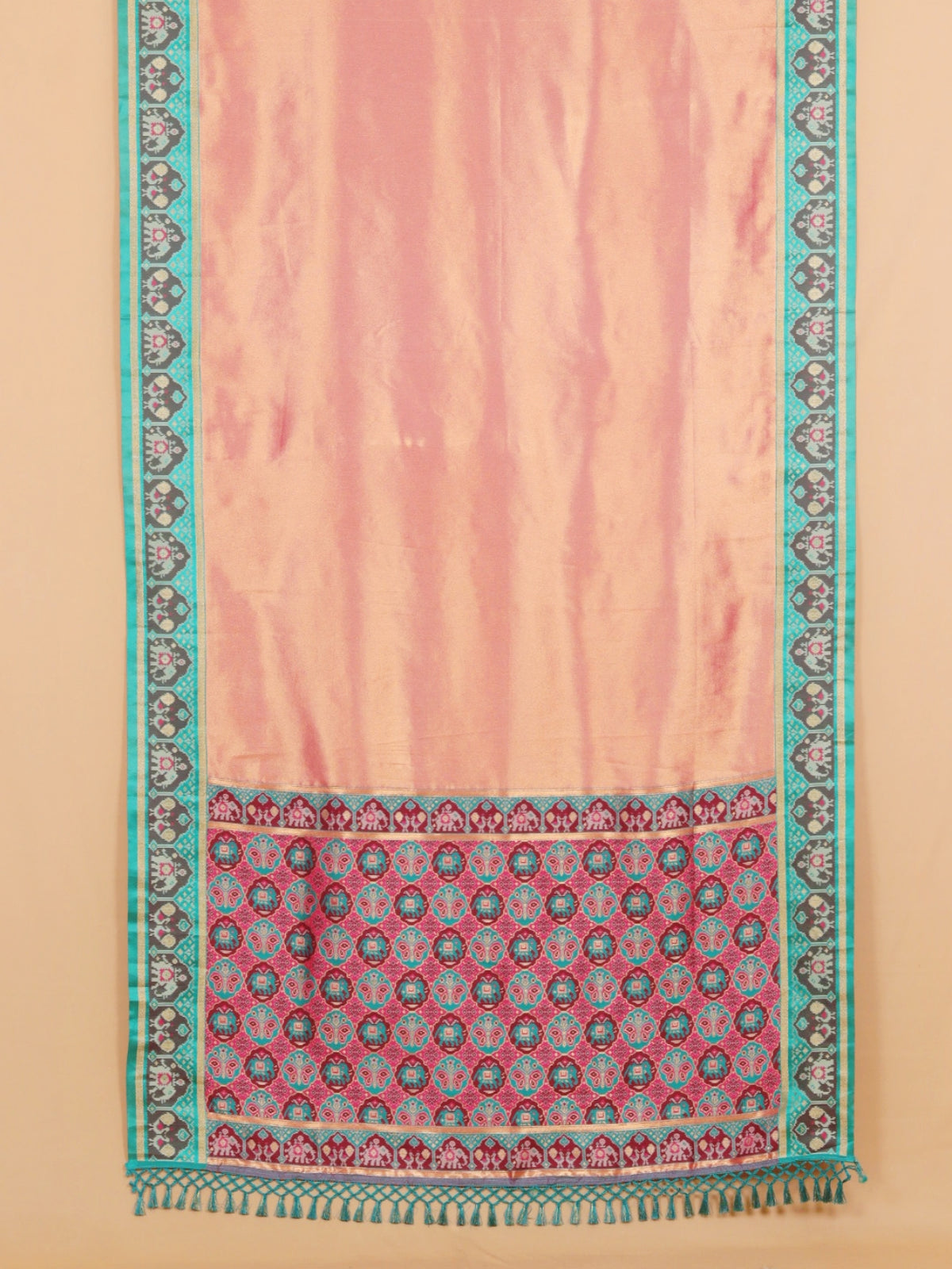 Pink with Teal Patola Border Tissue Silk Saree