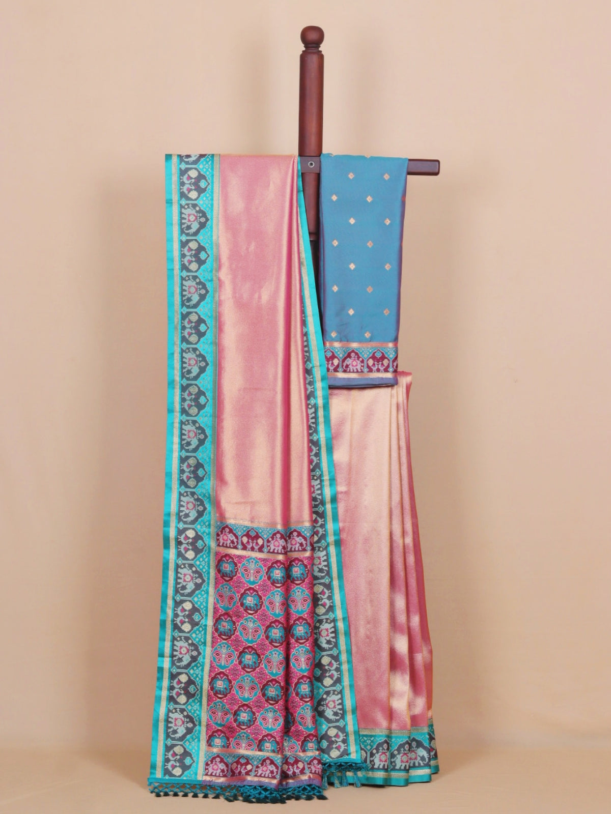 Pink with Teal Patola Border Tissue Silk Saree