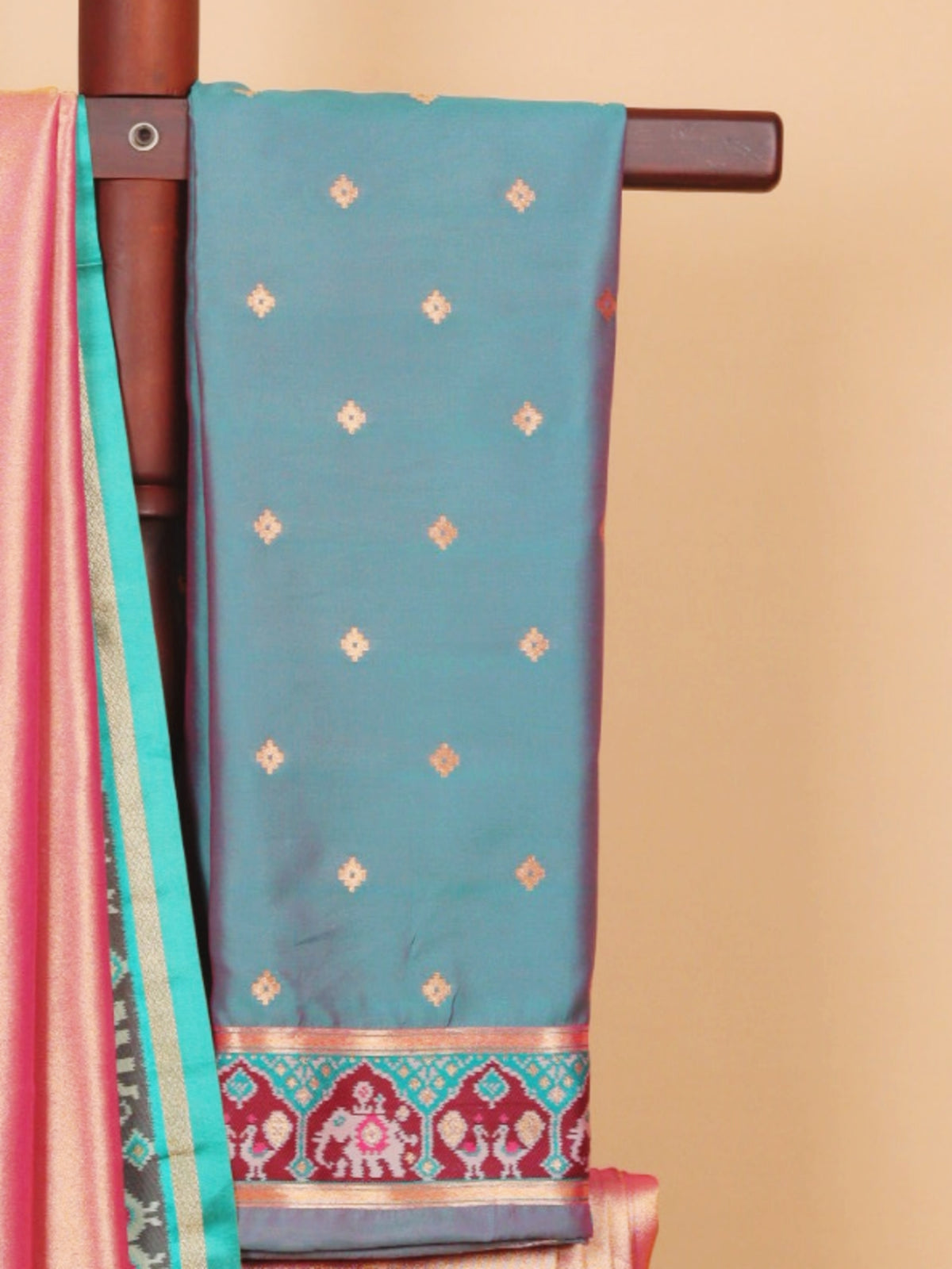 Pink with Teal Patola Border Tissue Silk Saree
