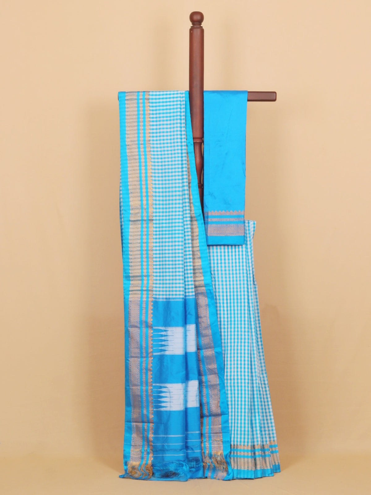 Peacock blue checks ilkal saree
