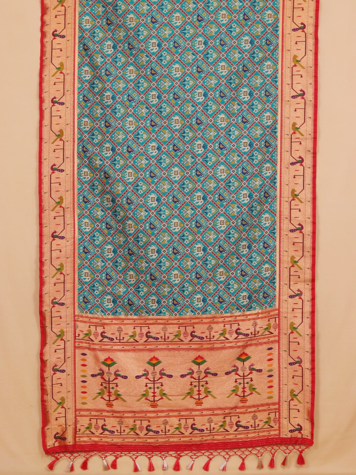 Emerald green by maroon paithani ikat patola saree