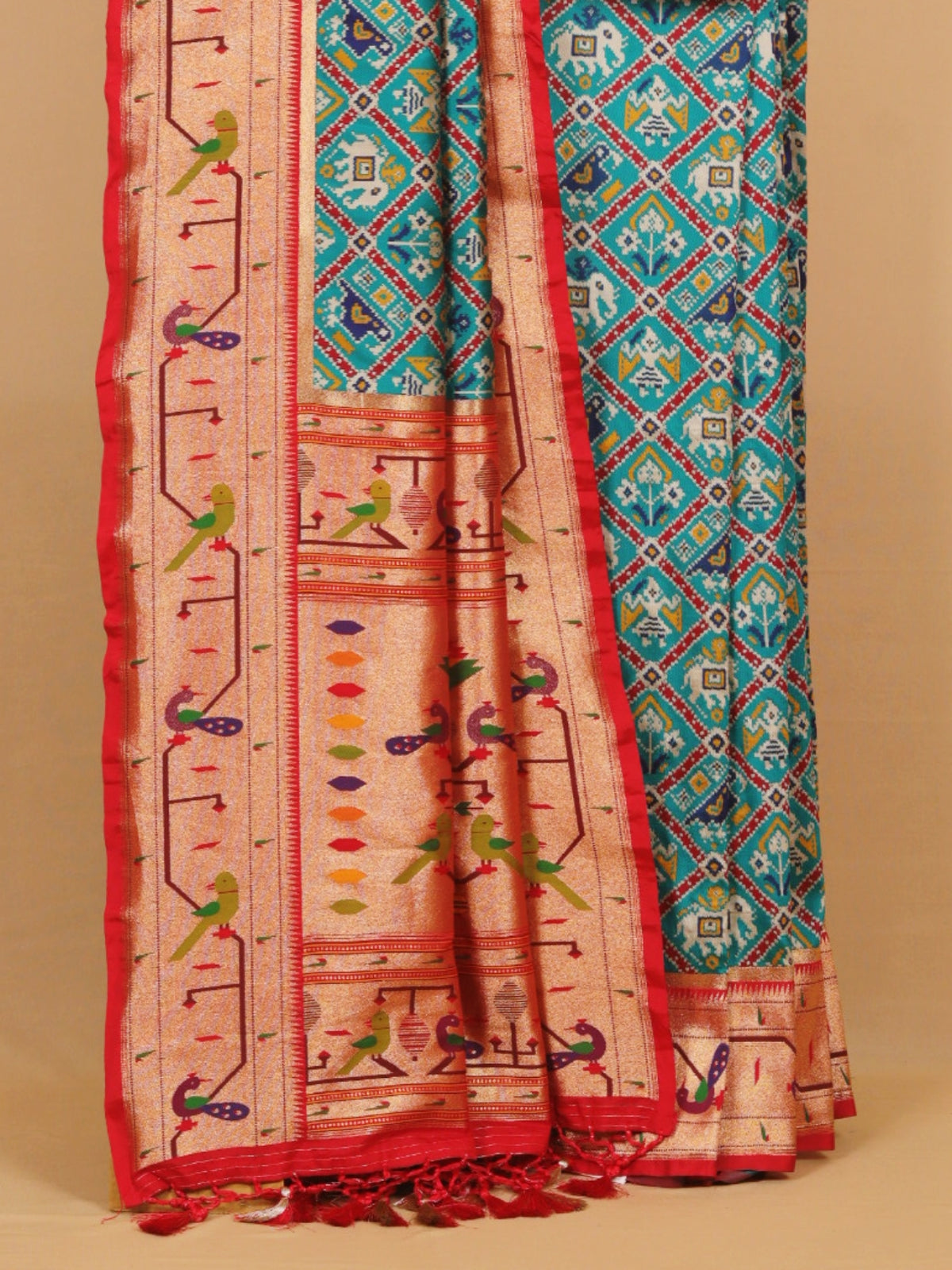 Emerald green by maroon paithani ikat patola saree