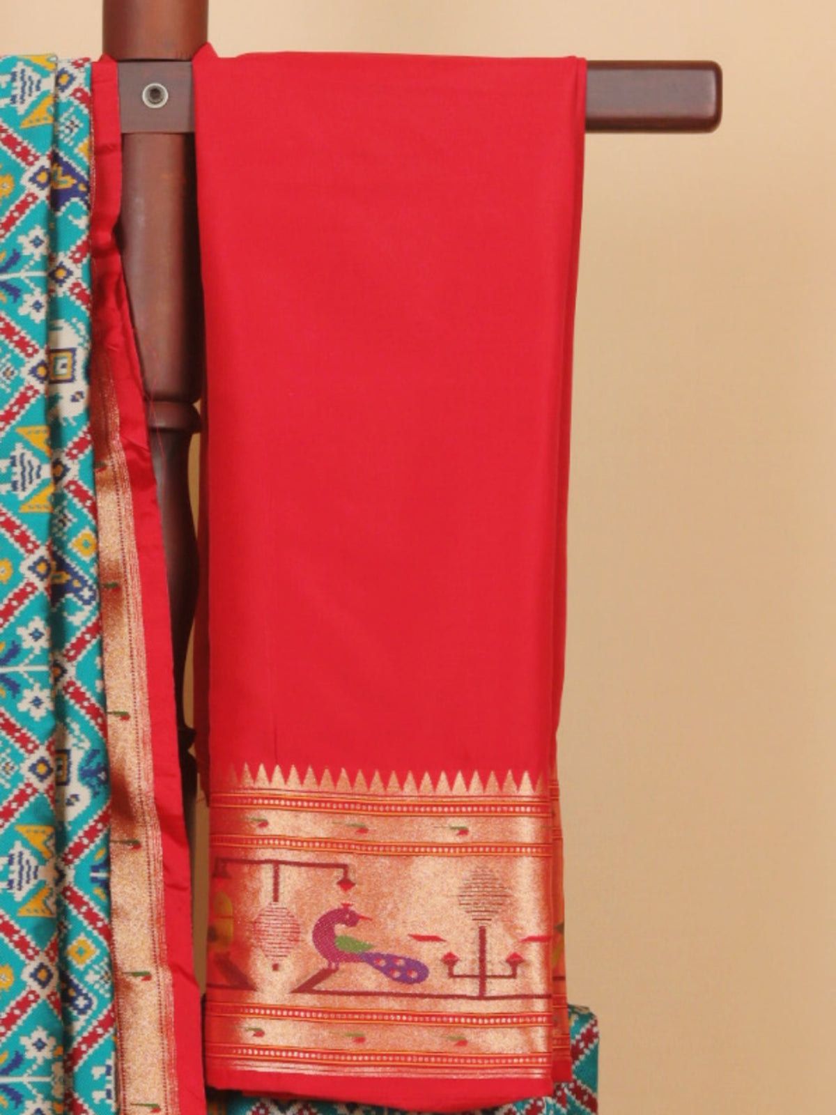 Emerald green by maroon paithani ikat patola saree