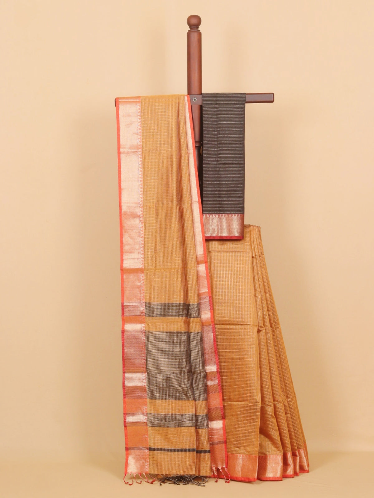 Dual tone mustard zari checks maheshwari saree