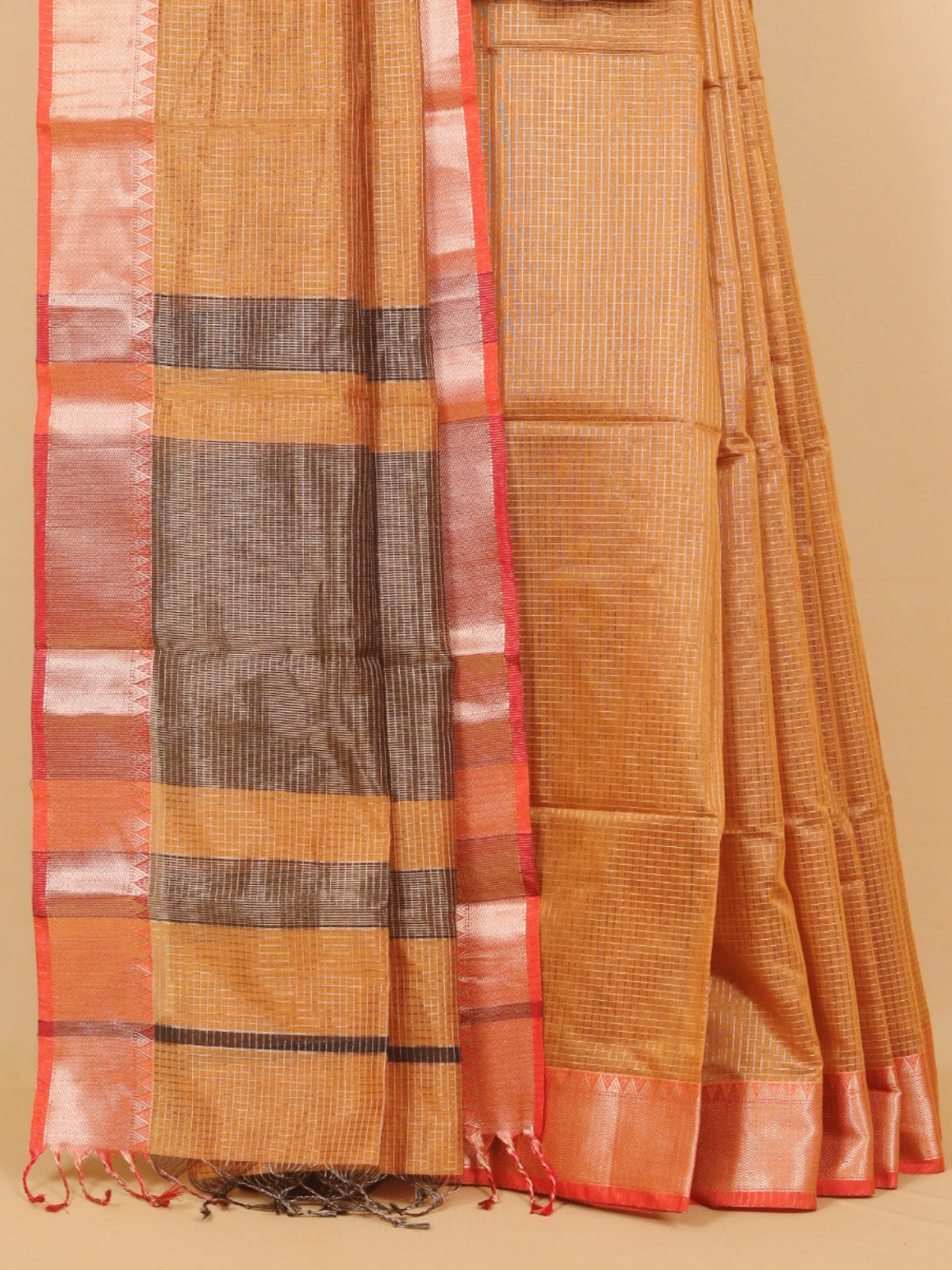 Dual tone mustard zari checks maheshwari saree