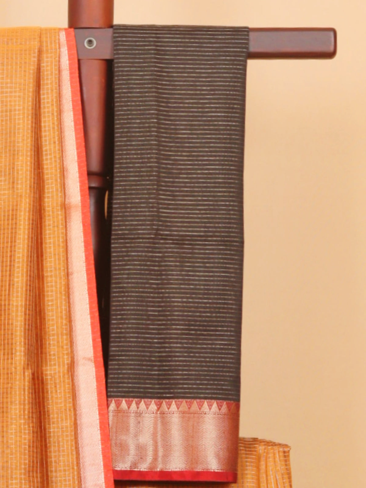 Dual tone mustard zari checks maheshwari saree