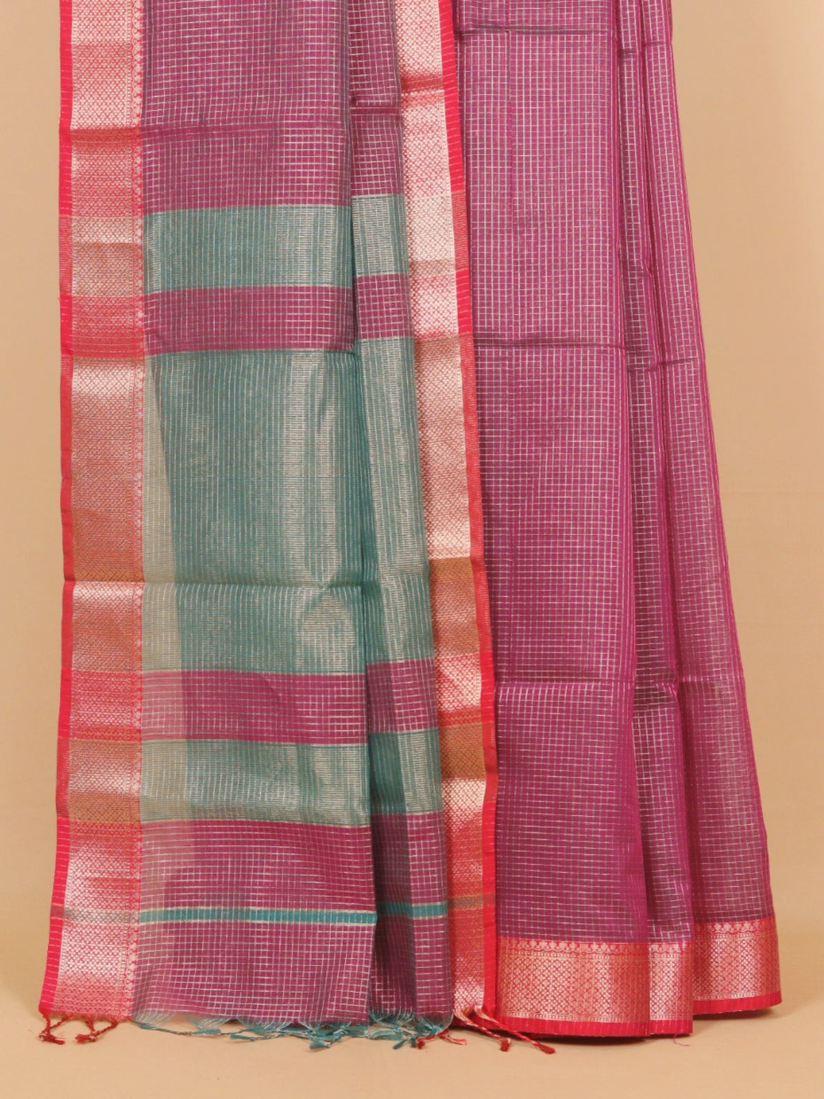 Dual tone magenta zari checks maheshwari saree