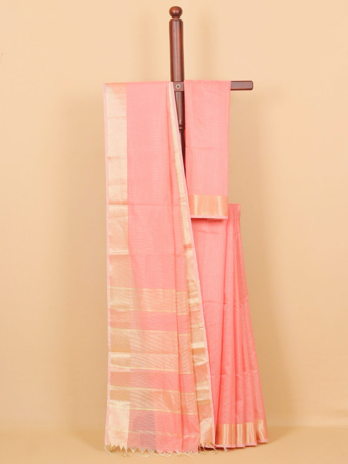 Peach zari checks maheshwari saree