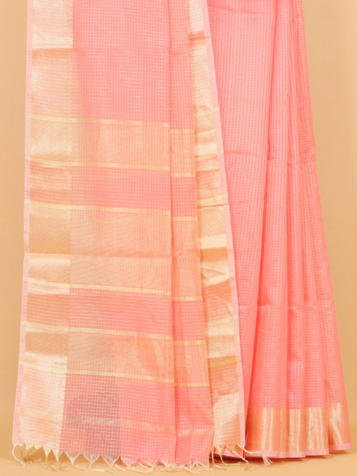 Peach zari checks maheshwari saree