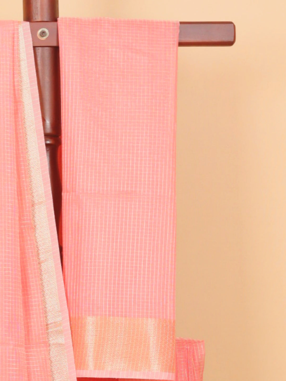 Peach zari checks maheshwari saree