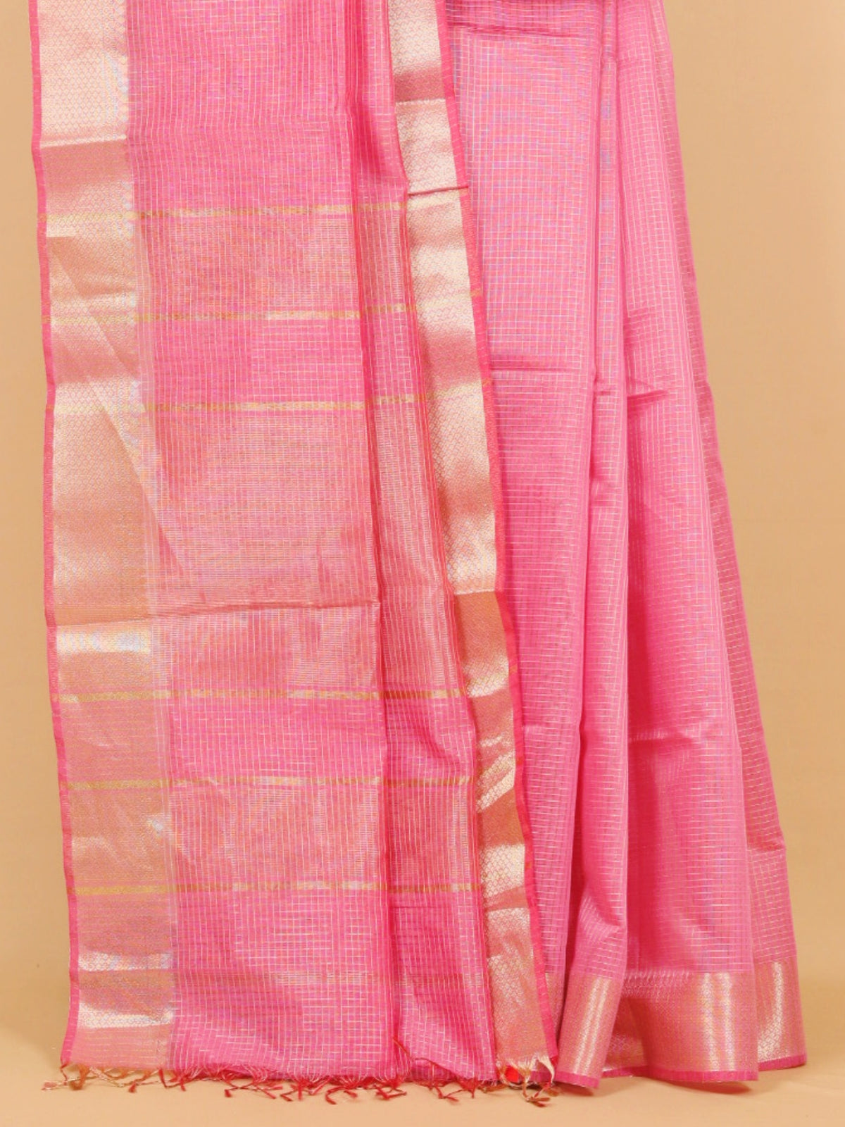 Gajari pink zari checks maheshwari saree