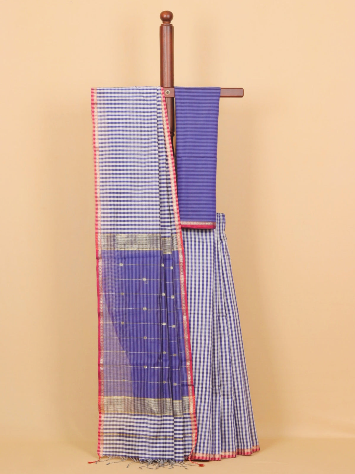 Navy blue by white checks maheshwari saree