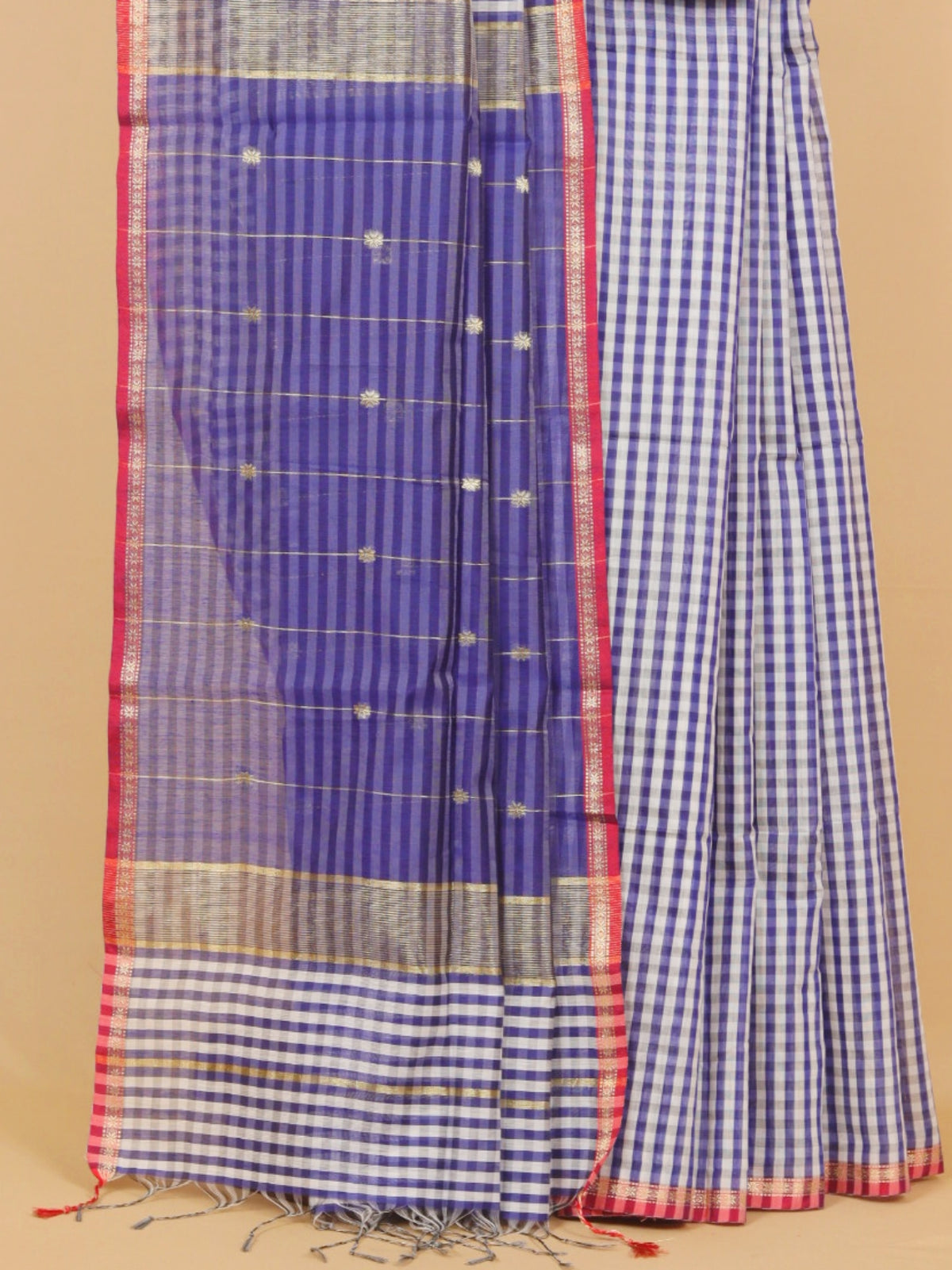 Navy blue by white checks maheshwari saree